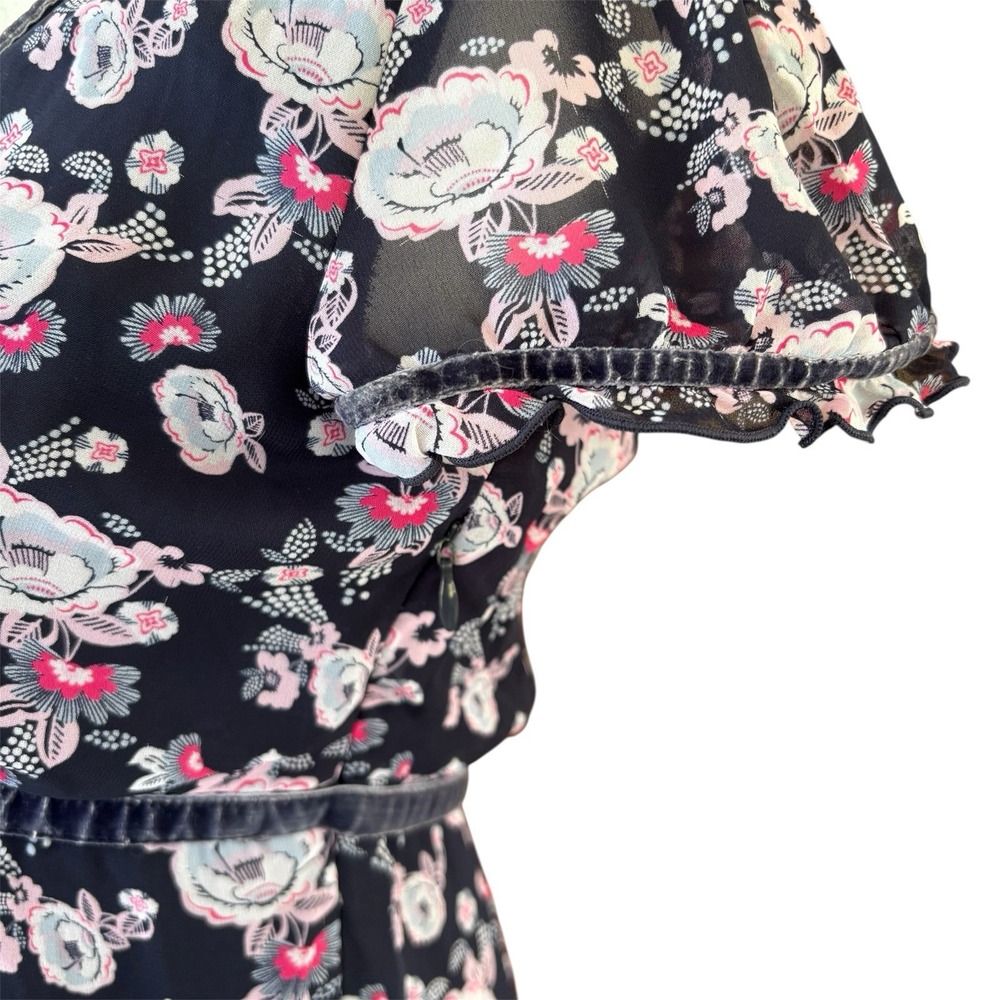 Vintage 90s Y2K‎ ESPRIT Dress Blue Floral Womens Size 4 Distressed Velvet Ribbon - Picture 3 of 8